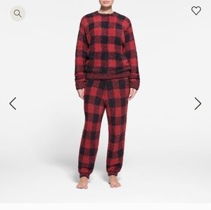 New SKIMS Cozy Knit Unisex Lounge Set - Brick Buffalo Check Oversized SET S/M